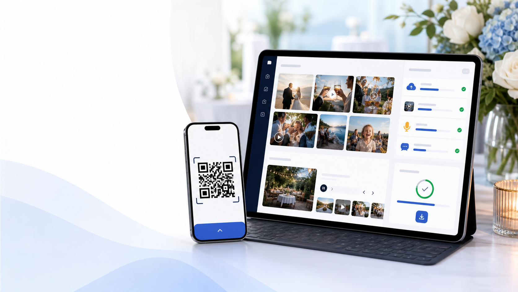 Preview van een digitaal gastenboek voor bedrijfsevenementen met dashboard en QR-code